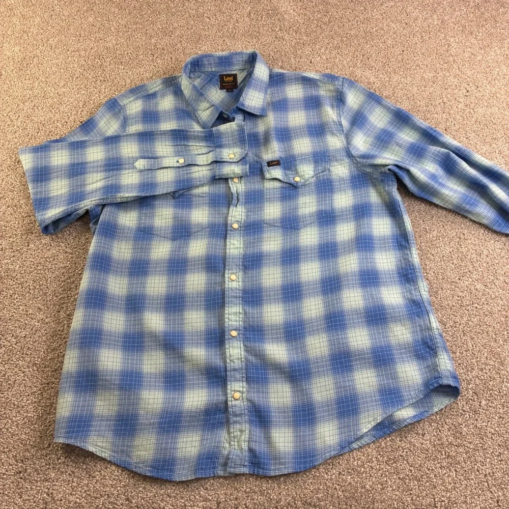 Lee Regular Fit Plaid Long‎ Sleeve Pearl Snap Front Shirt Mens XL Blue Vintage
